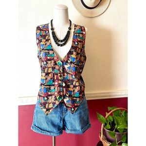 111 Main Vintage Teddy Bear Library Print Vest M Cotton Retro 90s Grandmacore